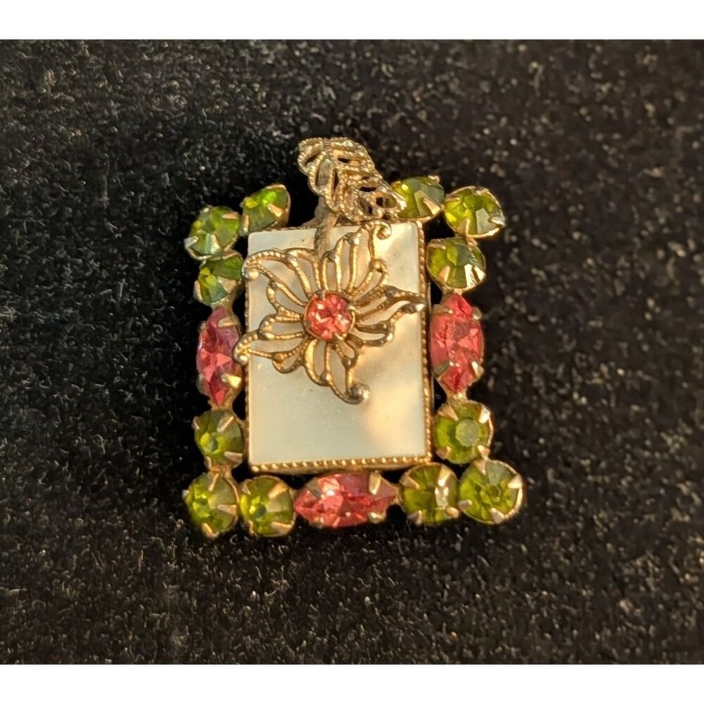 Vintage Pink Green Rhinestone Brooch Pendant Filigree Flower Mother of Pearl - Picture 12 of 14